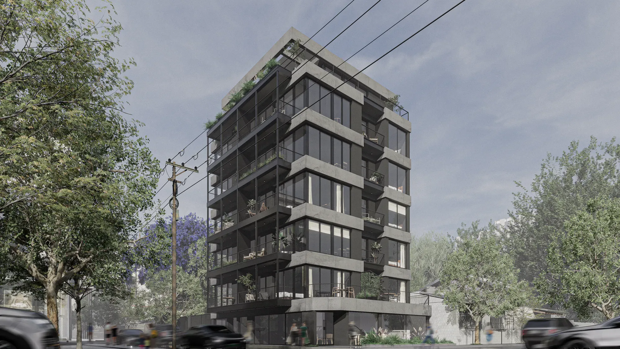 Render de Nodo 9 Campana en la esquina: balcones profundos y carpinterías oscuras entre la arboleda.