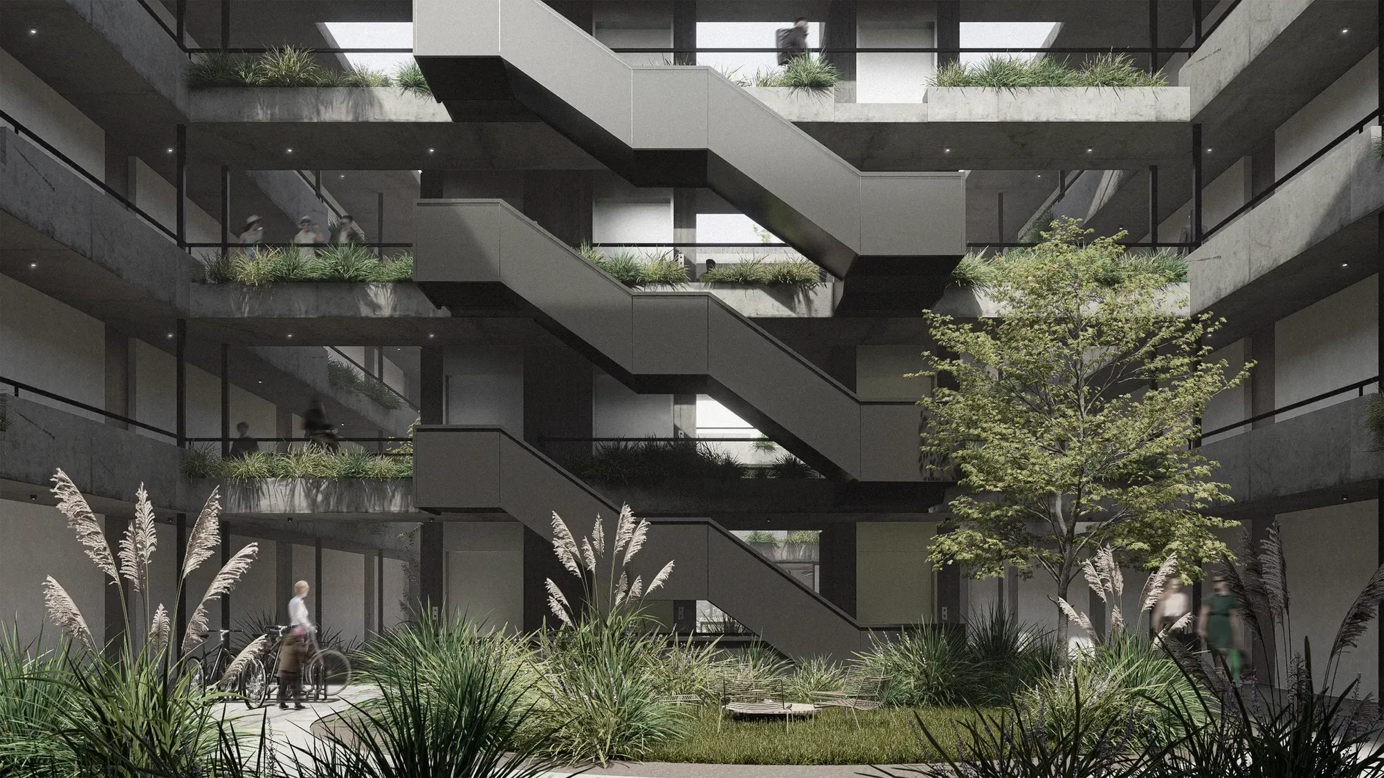 Render del patio central de Novus: escaleras y galerías abiertas entre la vegetación.